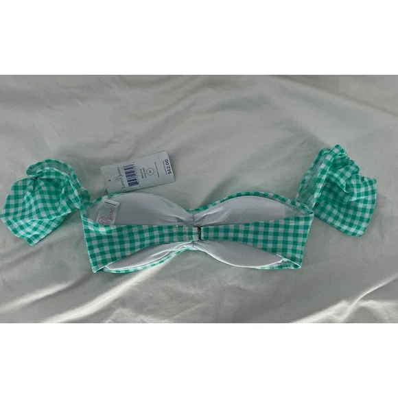 Lauren James Gingham Off-The-Shoulder Bandeau Bikini Top in Aqua Size Medium - Picture 3 of 3
